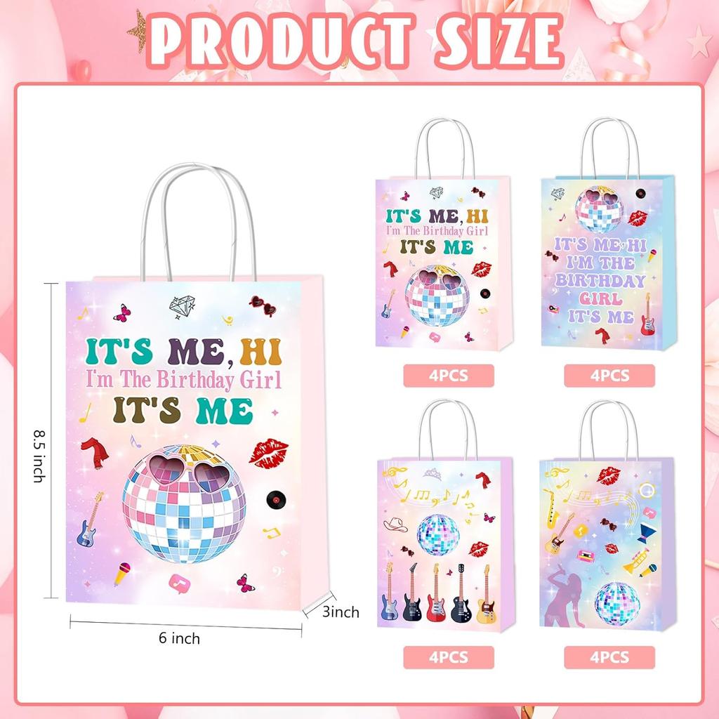 SNABETNA Music Birthday Party Paper Bags Decorations,16pcs Goodies Bags,Double Sided Birthday Paper Bags With 4 Styles, Music Theme Birthday Party