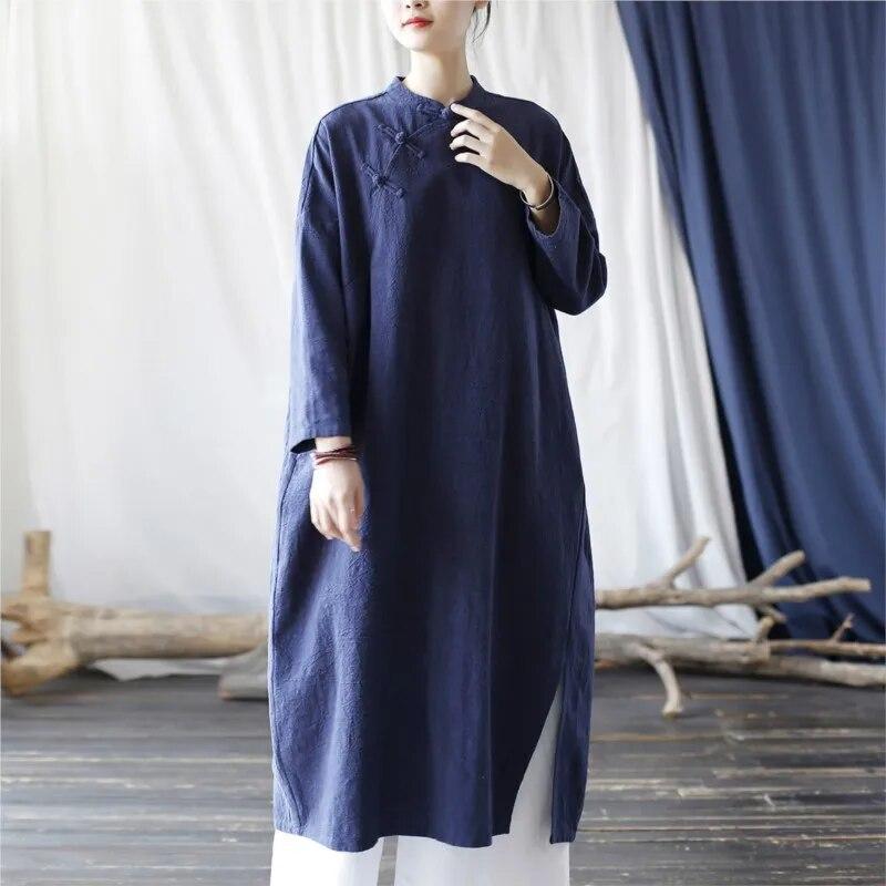 Johnature נשים בסגנון סיני מעמד שמלת שרוולים ארוכים כפתור גלימות אביב צבע אחיד בציר A-line שמלות