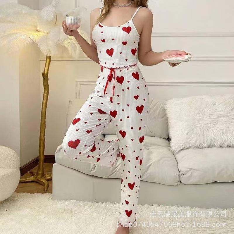 Popular European and American hot-selling loungewear pit strip love vest pajamas women can wear trousers two-piece set