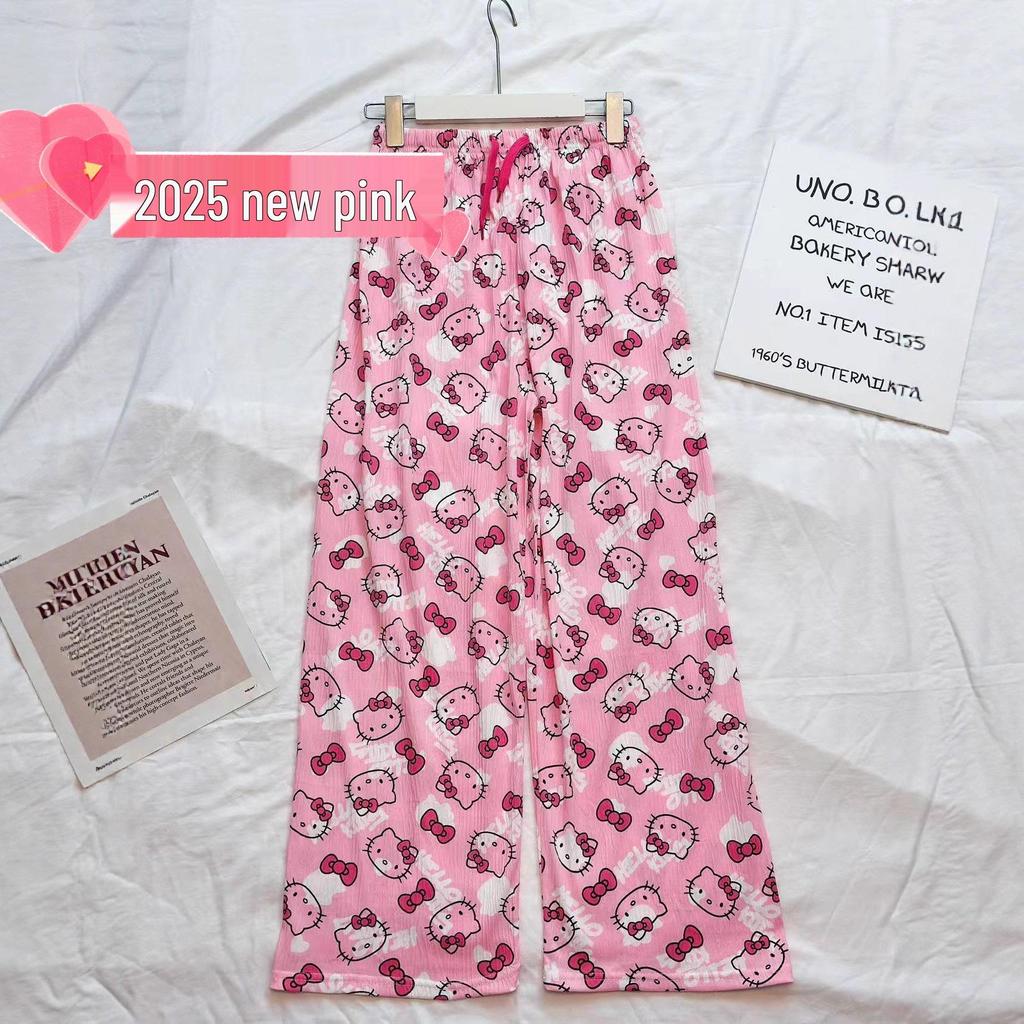 Letnie Spodnie Piżamowe Hello Kitty w Koreańskim Stylu dla Kobiet - Urocze, Luźne i Nadające Się do Noszenia na Zewnątrz.
