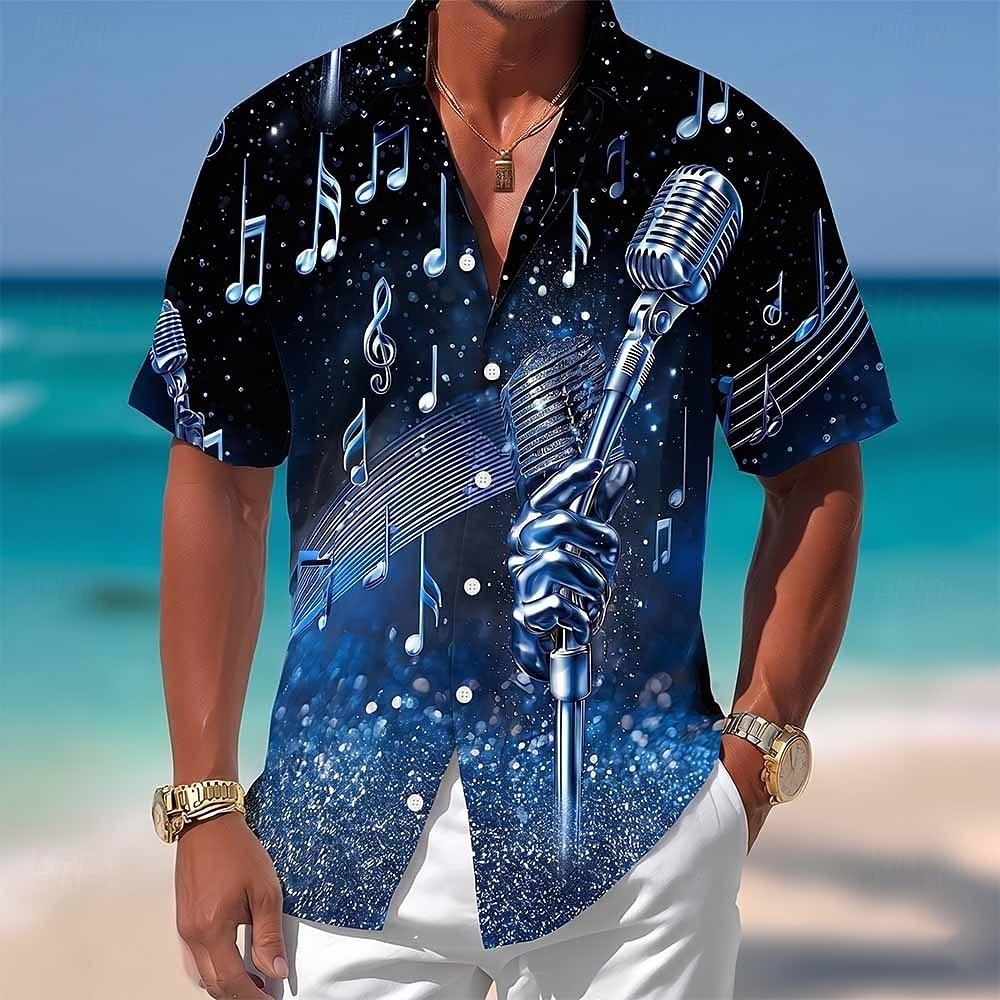 Men's Microphone Gradient Color Musical Instrument Shirt Summer Shirt Button Up Shirt Short Sleeve