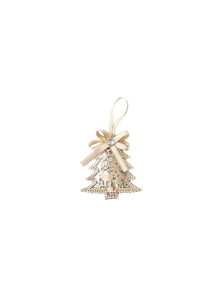 1pc Vintage-Style, Highly Creative Openwork Tin Christmas Ornament, Featuring a High-Quality Champagne Gold Satin Ribbon Bow
