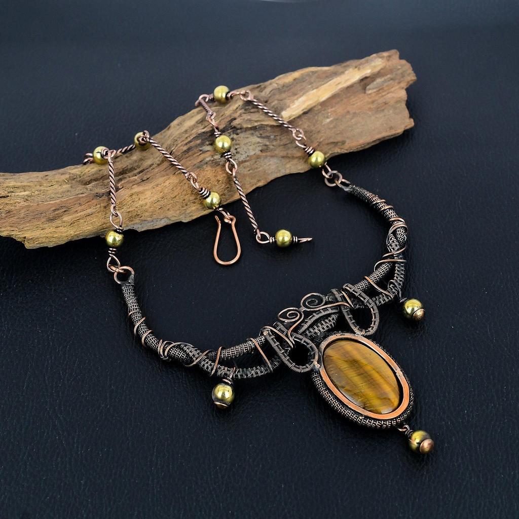 Tiger's Eye 999 Copper Wire Wrapped Necklace Adjustable, Chain Necklace Handmade Gemstone, Gift For Mom Antique Jewelry