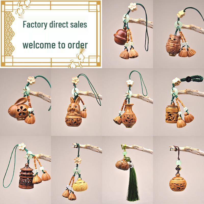 Green Sandalwood Lotus Pod Carved Keychain Pendant - Unscrewable Charm for Phones & Bags