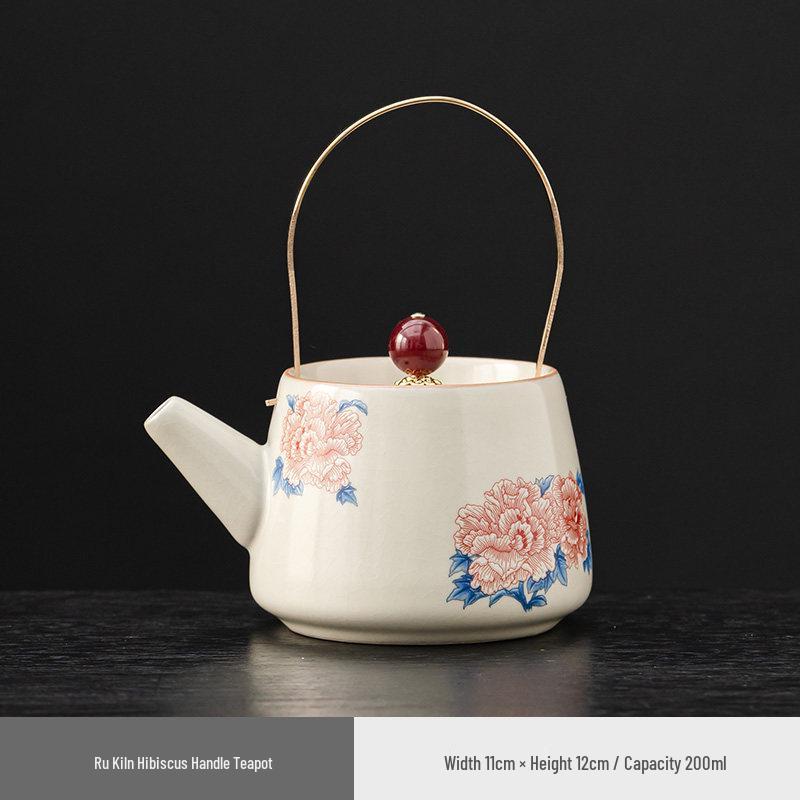 Elegant Ru Kiln Hibiscus Teapot Set: Includes Beige Side-Handle Pot, Lid, Bowl, Filter Screen, Tea Wash Pitcher, Gong Dao Bei for Gongfu Tea.