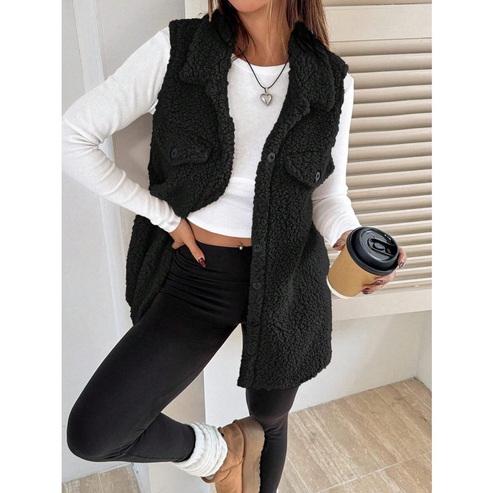 Women's Lapel Sleeveless Vest Oversized Fit Solid Color Single Button Pocket Winter Fleece Gilet