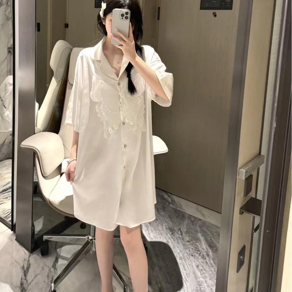 Sexy Pajamas Women's Summer Shirt Pajamas Summer Women's New Lace Short Sleeves Large Size Outer Wear Advanced Sense