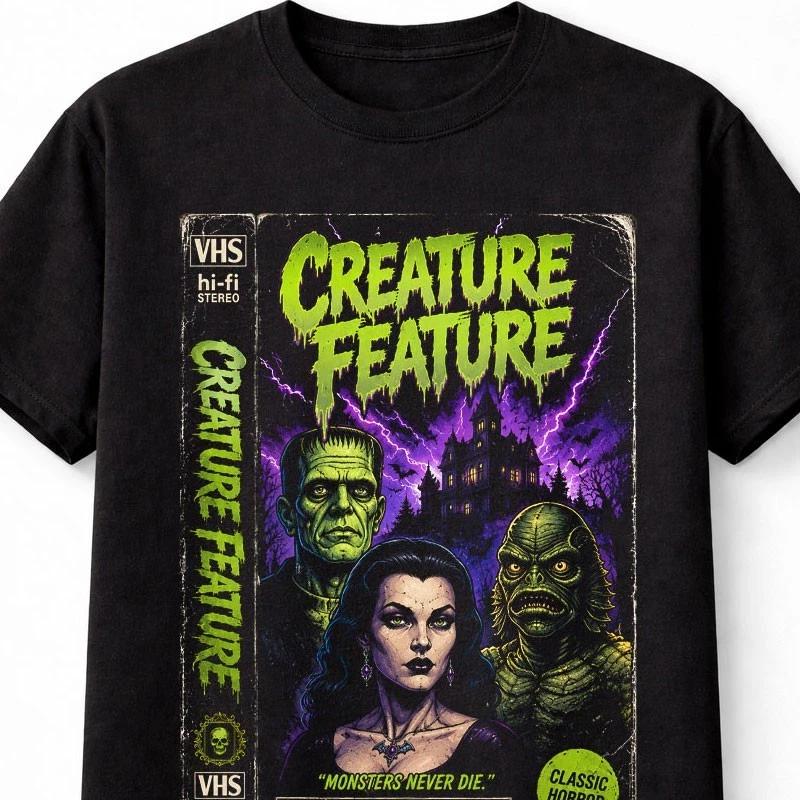 Creature Feature Classic Horror Monsters VHS Retro Movie Unisex TShirt S