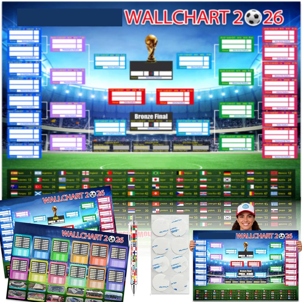 2026 Soccer Tournament Wall Chart Foldable Poster with 48 Team Display and 5ml Ballpoint Pen for Schedule Tracking and Match Results Recording