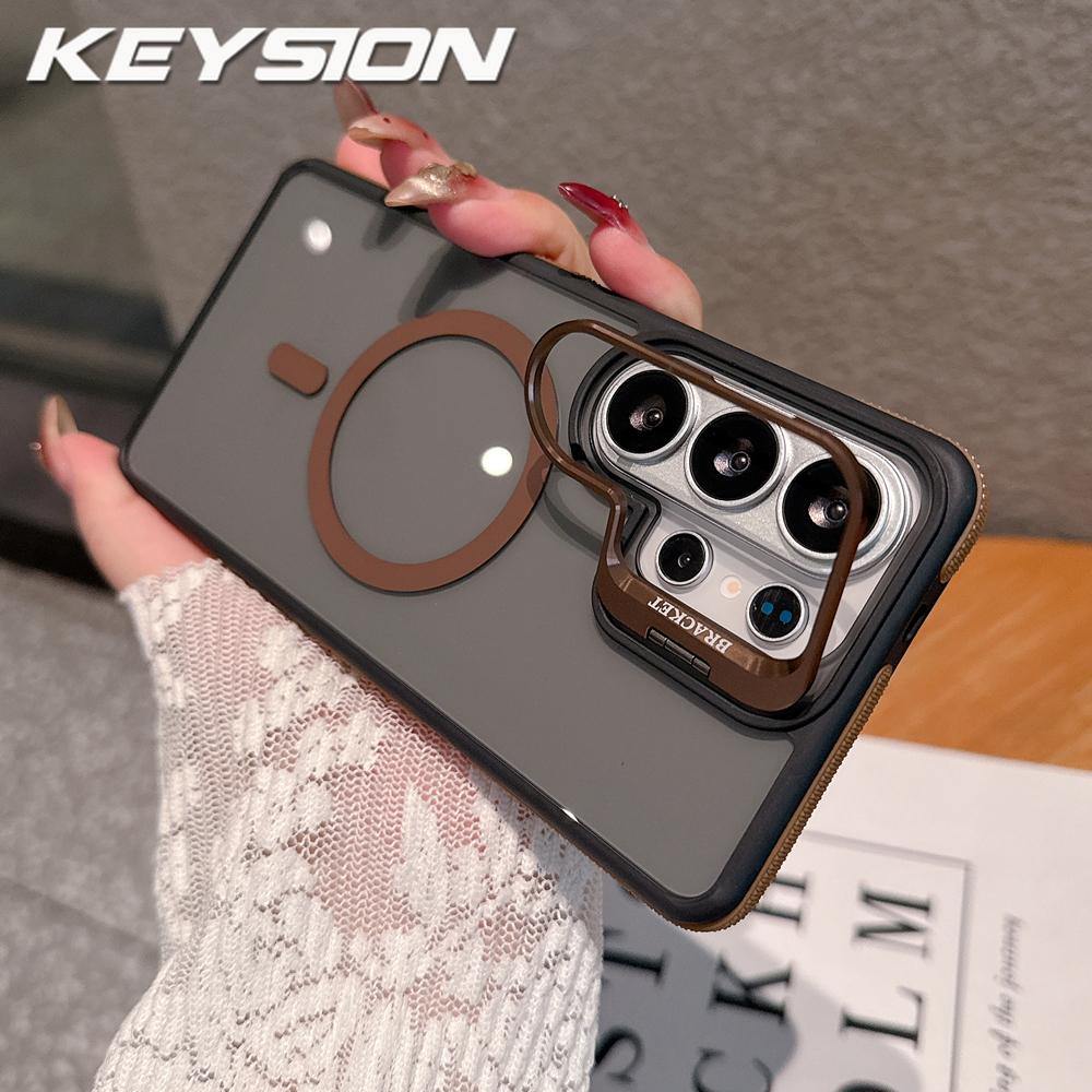 KEYSION Transparent Magnetic Lens Stand Case for Samsung Galaxy S25 S26 Ultra 5G S26+ Color Blocking Shockproof Phone Back Cover