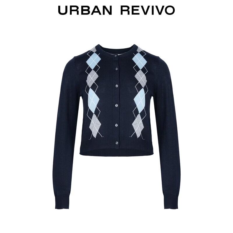 UR2026 Women's Classic Diamond Pattern Round Neck Knit Cardigan