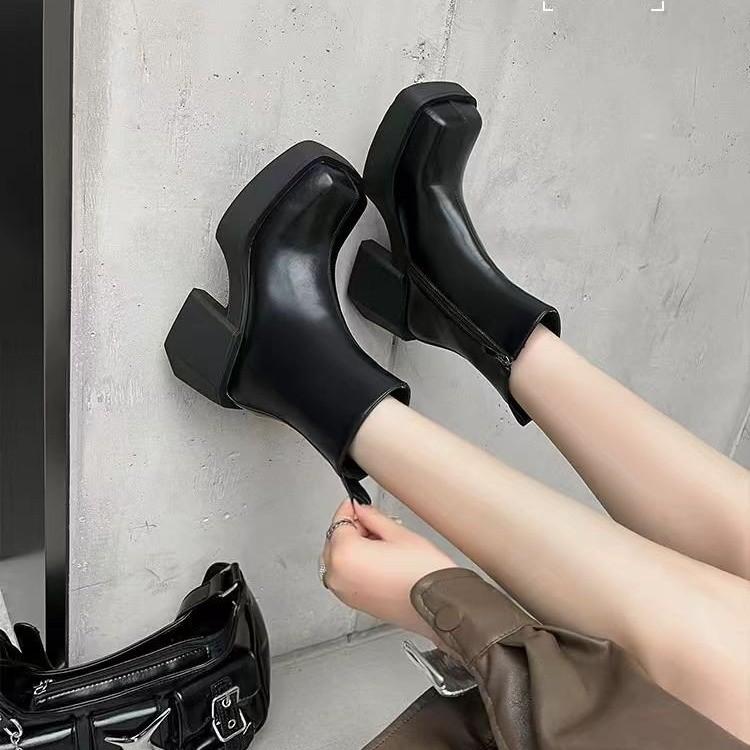 

Твердые кожаные женские ботильоны в готическом стиле на высоком каблуке, толстые туфли, женская удобная обувь на платформе для ходьбы 35 чёрный