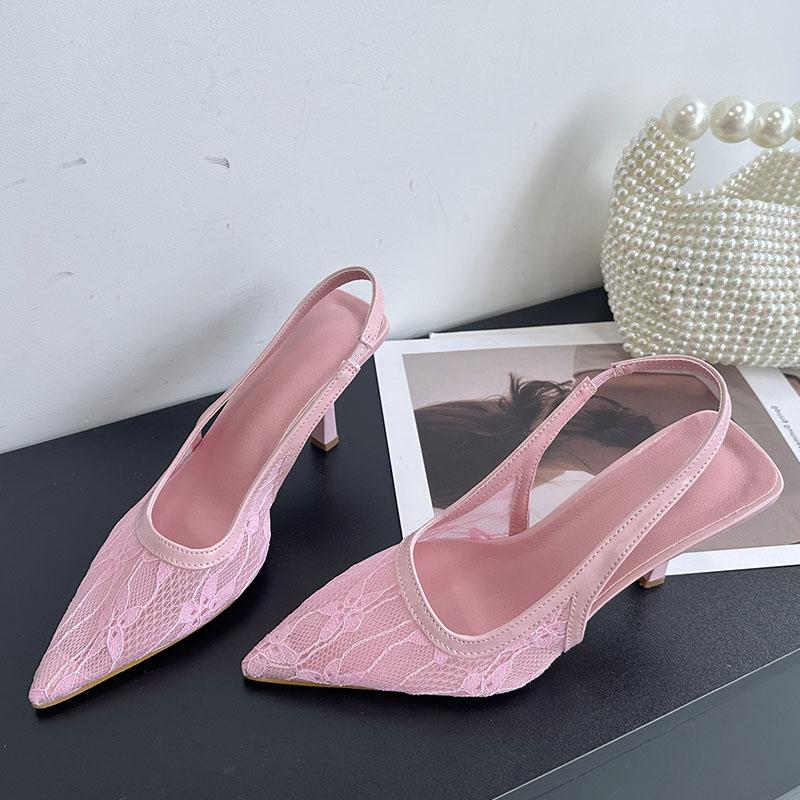 Fashion Pink Fashion Pointed Toe Women Heels Pumps Shoes Slingbacks Mesh Breathable Ladies High Heels Shoes Female Mules Big Size 43