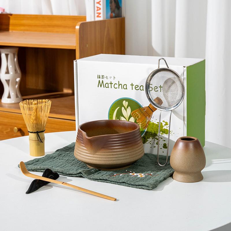 5-8pcs INS coarse pottery gradual change color tea stand matcha bowl set to order tea retro Matcha whisk set of tea tools