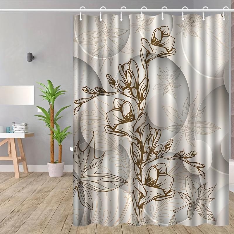 1Pc White And Grey Leaf Patterned Shower Curtain, Polyester Fabric, With Hooks, Suitable For Bathroom Dcor.