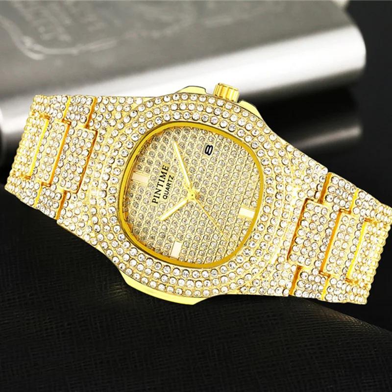 Luxury Quartz Watch For Men Automatic Date Hip Hop Full Iced Diamond Clock Fashion Watch Men Waterproof Square WristWatch