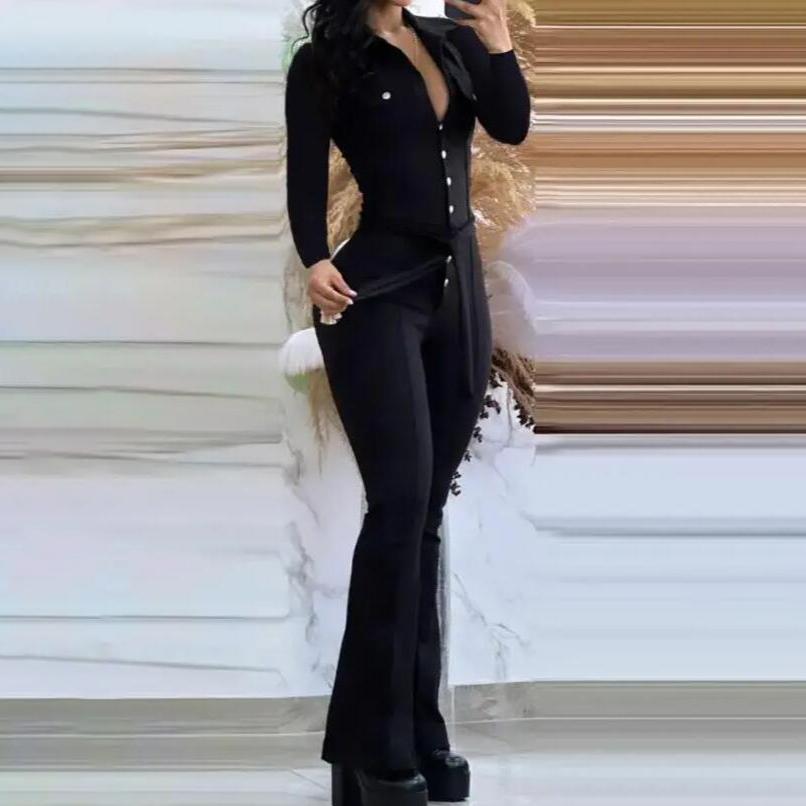 FiveFive Jumpsuit Women Spring Fashion Buttoned Tied Detail Turn-Down Collar Plain Long Sleeves Skinny Daily Long Flared Jumpsuit