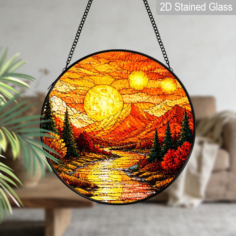 1pc 2D Flat Mountain Sunset Suncatcher Stained Glass Window Hanging, Rustic Mountain Landscape Sun Catchers Indoor Window Glass Wall Art Decor