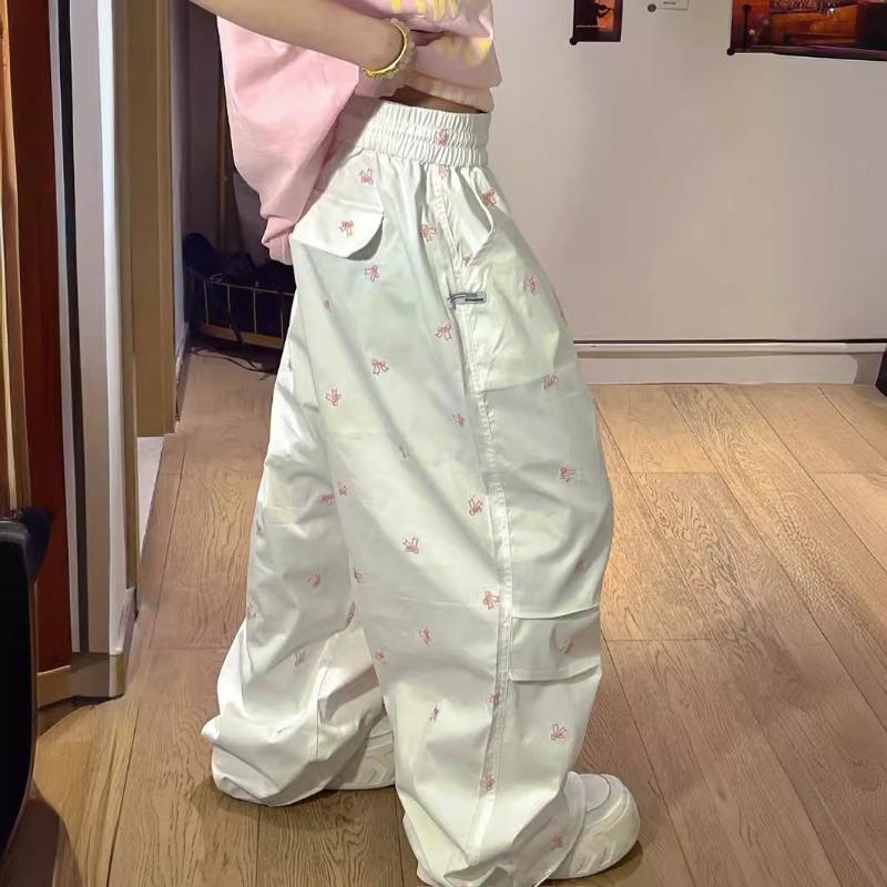 Retro Bow Printed Plus Size Cargo Pants for Women Fashion Trendy Drawstring Pleated Wide Leg Pants Women Workwear Casual Lady Trouser 24204