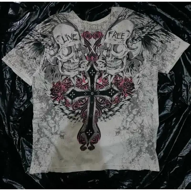 Y2K Red Gothic Thorn Totem Printing Harajuku Style T Shirt High Street Broken Feeling Mens Short Sleeves Couple Collocation