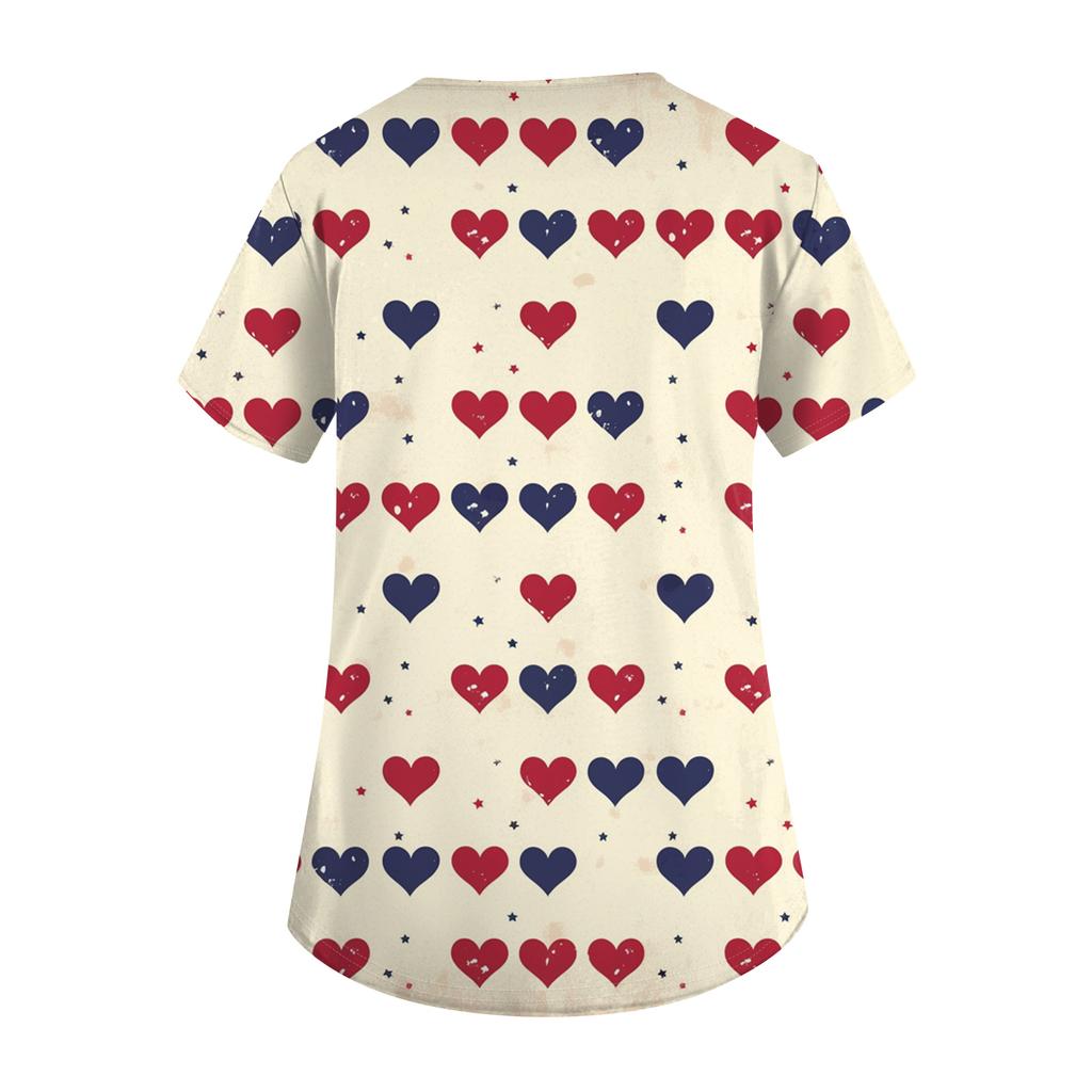 Women's Fashion Short-Sleeve Valentine's Day Print V-Neck Pocket Workwear Top