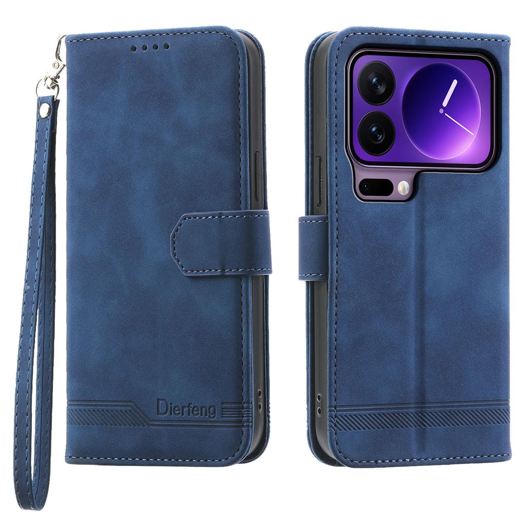 DIERFENG DF-03 For Xiaomi 17 Pro Case Lines Imprint Wallet Leather Phone Cover with Wrist Strap