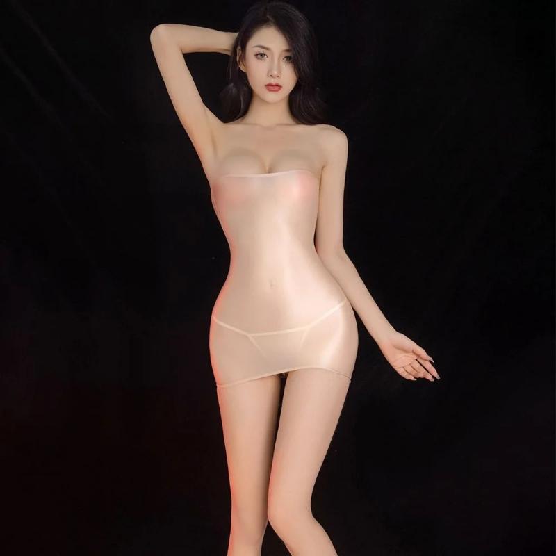 Sexy Oil Lesklý Shin Průhledné Micro Mini šaty Průhledné Bodycon Sexy přiléhavé tužka Roztomilé šaty Šaty s hladkým elastickým obvazem