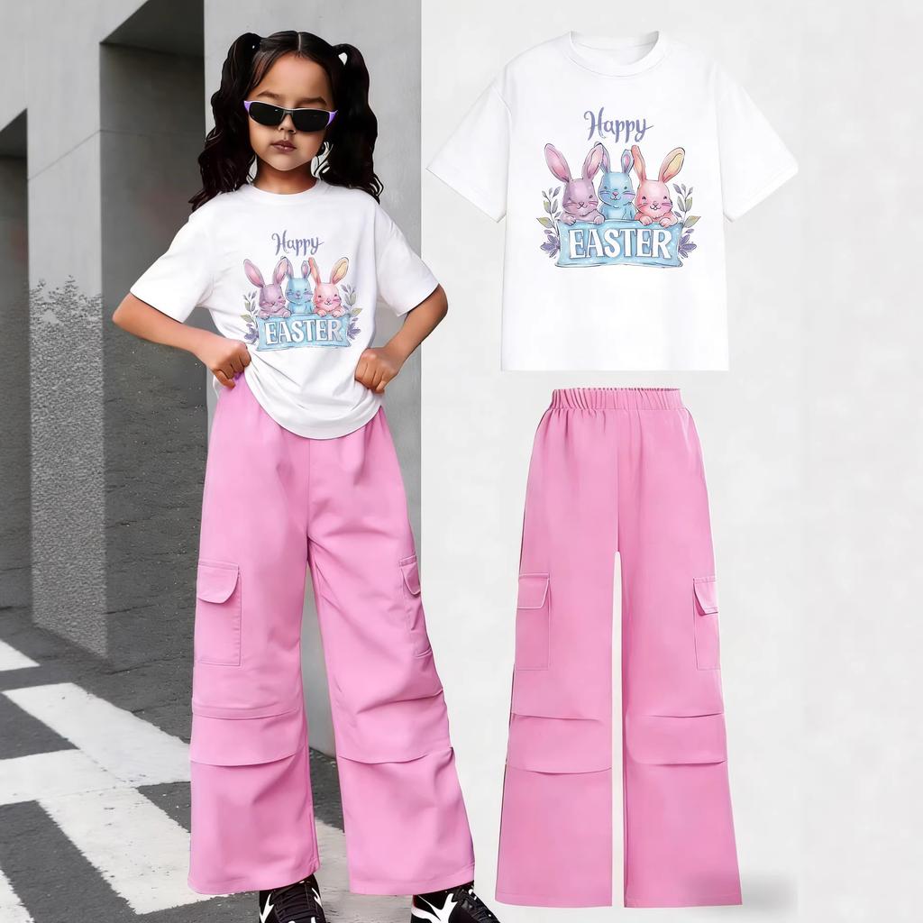 Girls' Casual Short-sleeved Work Pants Set for Summer, Children's Fashionable Easter Cartoon Print Two-piece Set