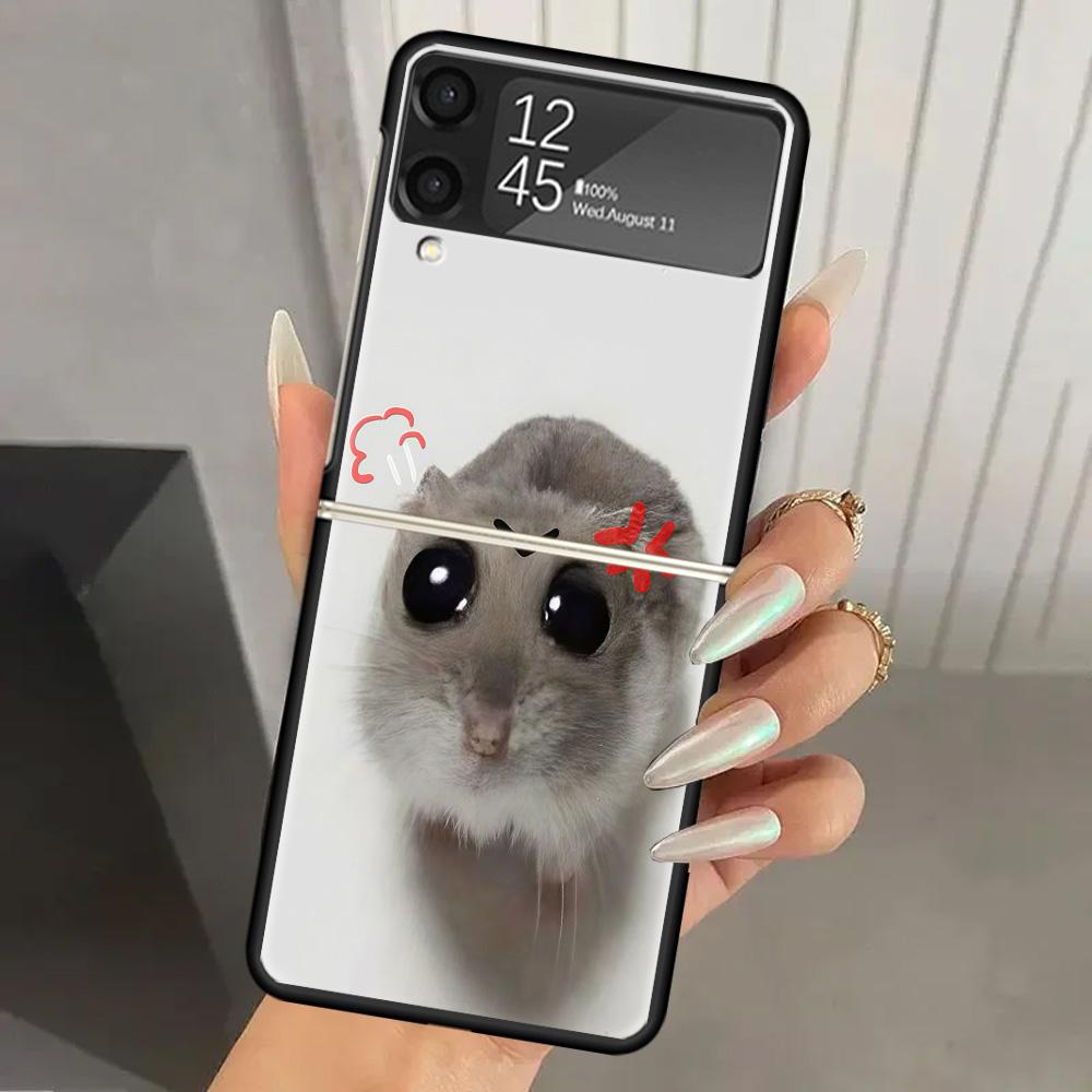 Funny Sad Hamster Meme Hard PC Phone Case For Samsung Galaxy Z Flip 7 6 5 4 3 Black ZFlip7 ZFlip6 Flip5 Flip4 Flip3 5G Print Cov