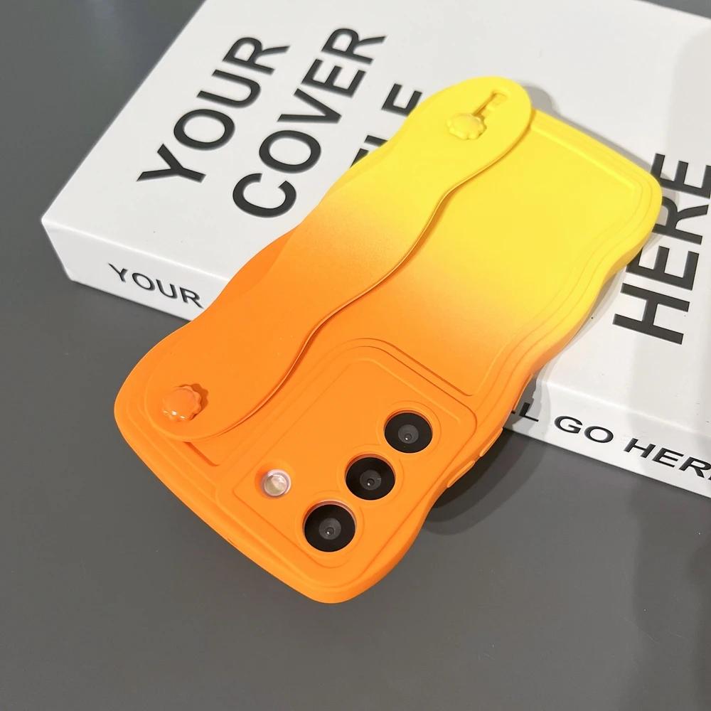 Gradient Curly Wristband Case for Samsung Galaxy S23 S24 Ultra S21 S22 Plus S20 FE A54 Stand Wave Wrist Strap Bracket Soft Cover