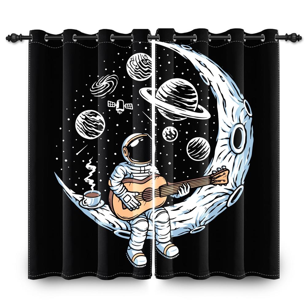 Space Astronaut Blackout Curtains Fun Cartoon Print Window Curtain for Kids Bedroom Living Room Playful Room Darkening Drapes
