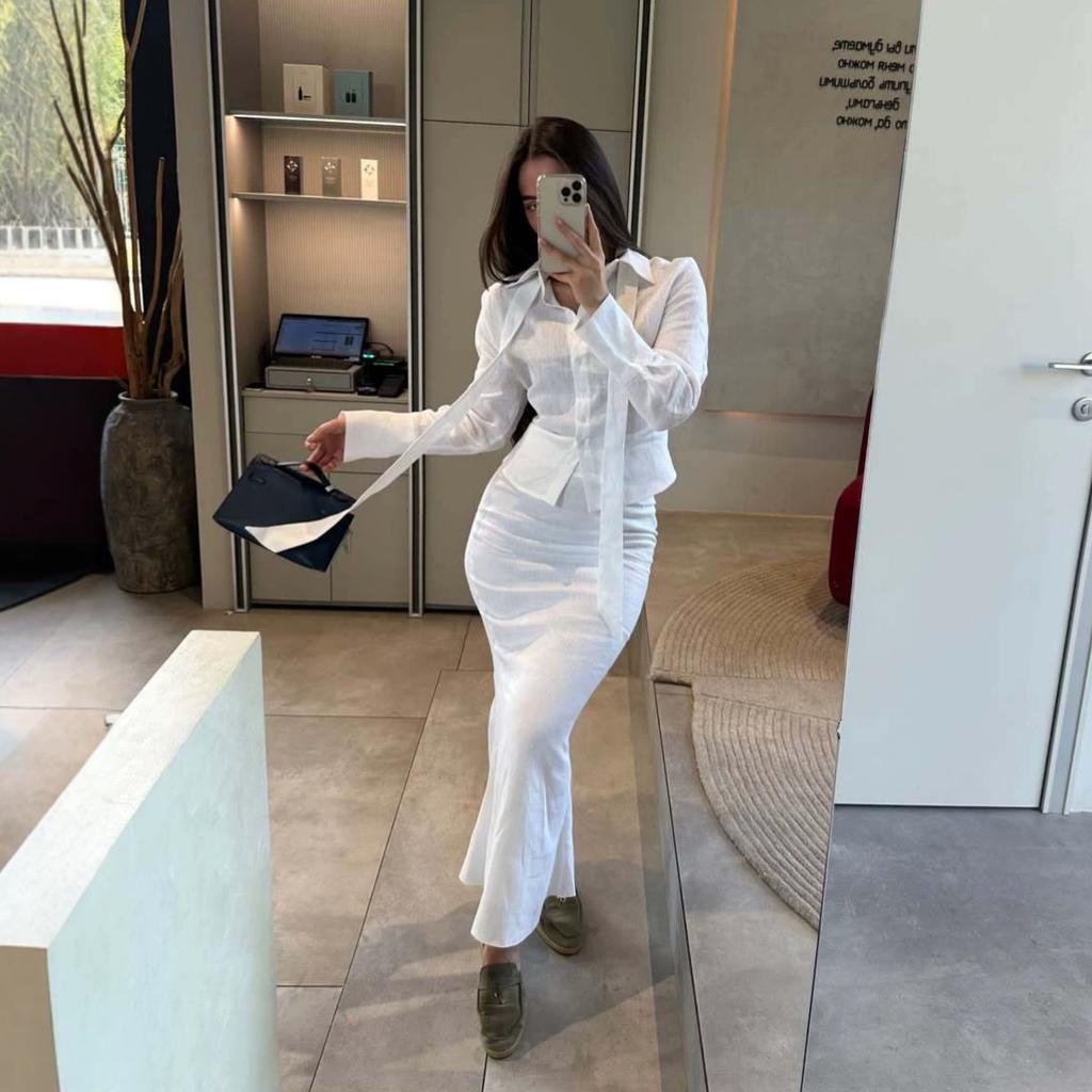 European and American Amazon Women's Clothing New Temperament Commuter Style Lace-up Lapel Long-sleeved Shirt Slim-fitting Long Skirt Set