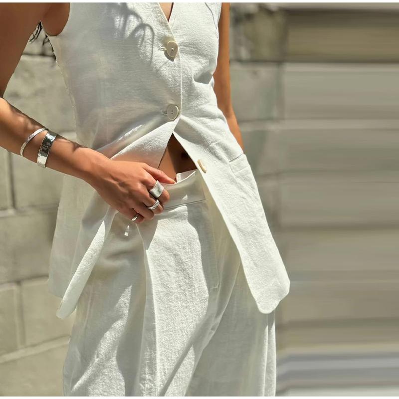 Fashion Women's Vest Top Trouser Suits Sleeveless V-Neck Straight Pants Lady Set 2025 Spring Summer Elegant 2 Pieces Set Women