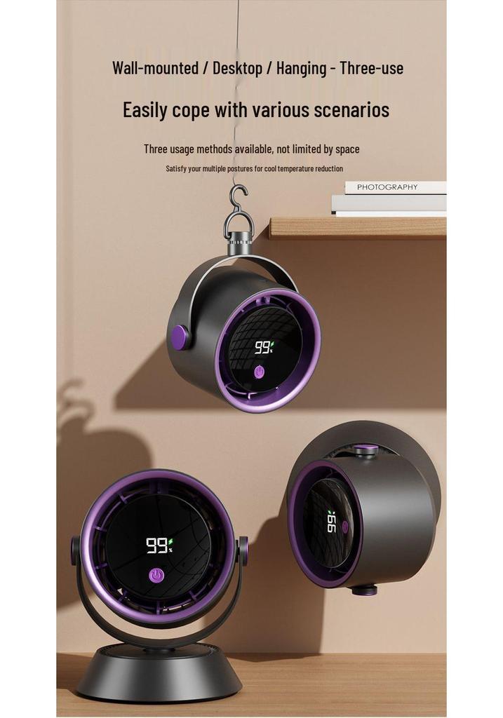 Compact Wall-Mounted Smart Fan with Digital Display, High-Speed Air Circulation, and Rechargeable Battery for Office and Home Use.
