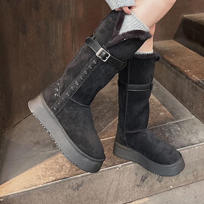 

Высокие зимние сапоги до колена, плоская платформа, женские замшевые туфли, модные повседневные короткие плюшевые хлопковые туфли, теплый комфорт, женские сапоги 40