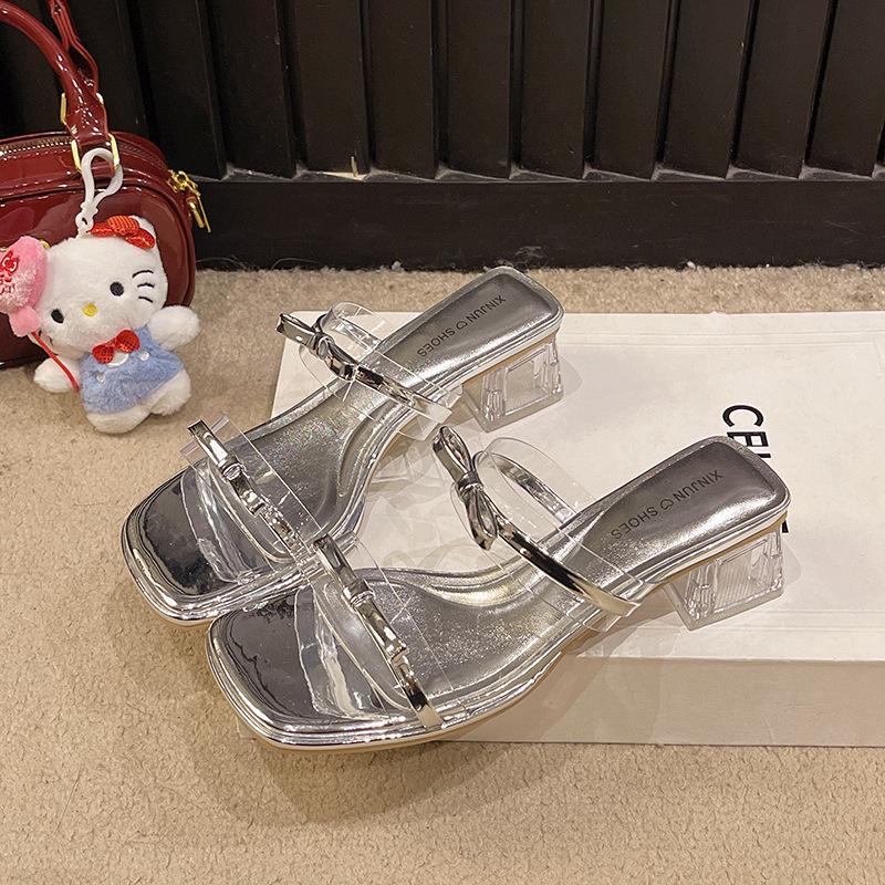Fashion Temperament Internet Celebrity Explosion High Heel Slippers Women's Summer Wear 2025 New with Skirt Silver Cool Slippers