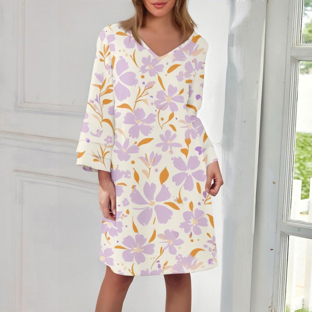 Women's  Fashion V-neck Solid Color Large Size Loose Long Large Swing 3/4 Sleeved Dress