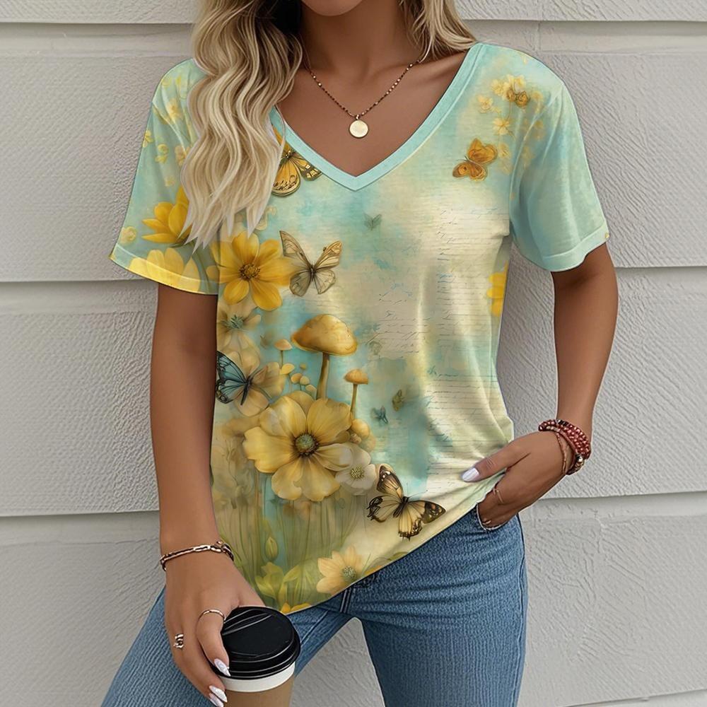 Fashion Flower Floral 3D Print T-Shirts Women's Streetwear V-Neck T Shirt Tee Tops Oversized Harajuku Oversized Female Clothing
