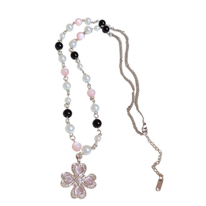 Unique Four Leaf Clovers Necklace With Pearls Accent Multiple Layer Beaded Chain Trendy Alloy Jewelry Gifts for Her 1