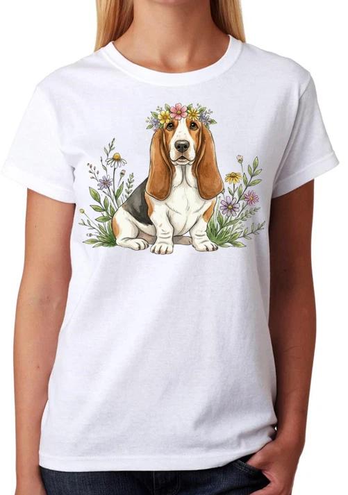 Basset Hound Floral Dog T-Shirt Cute Puppy Art Ladies Tee XL