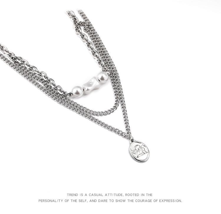 Trendy Titanium Steel Angel Pendant Necklace: Double Layer with Stainless Steel and Pearl for Men & Women