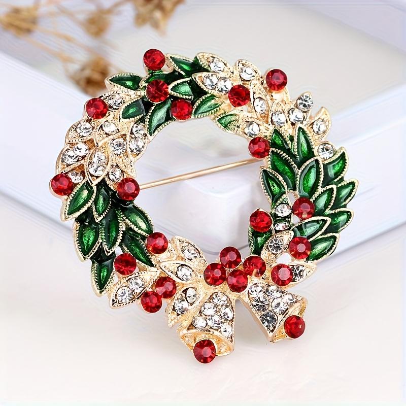 1pc Luxury Large Statement Wreath Brooch Pin -Elegant Red & Green Christmas Design with Golden-Tone Foliage,Clear -Adorned Leaf
