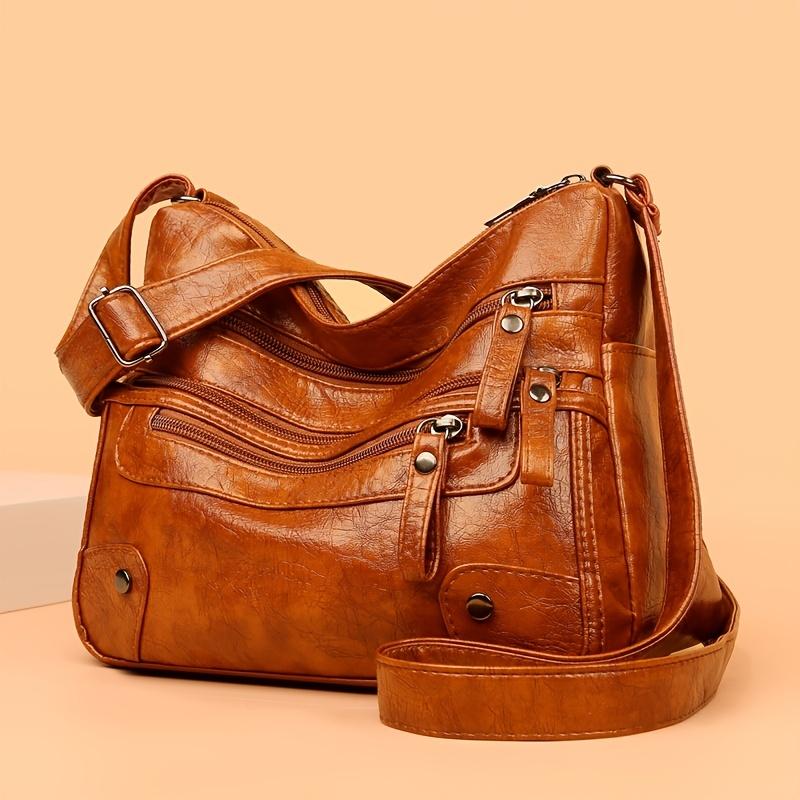 Solid Color Multi Zipper Bag Vintage Soft Leather Shoulder Bag  Casual Crossbody Purse For Work