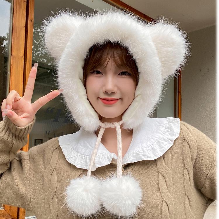 

Зимняя шапка женская шапка из лисьего меха милая с медвежьими ушками модная брендовая шапка пушистая универсальная 54---60 average size белый