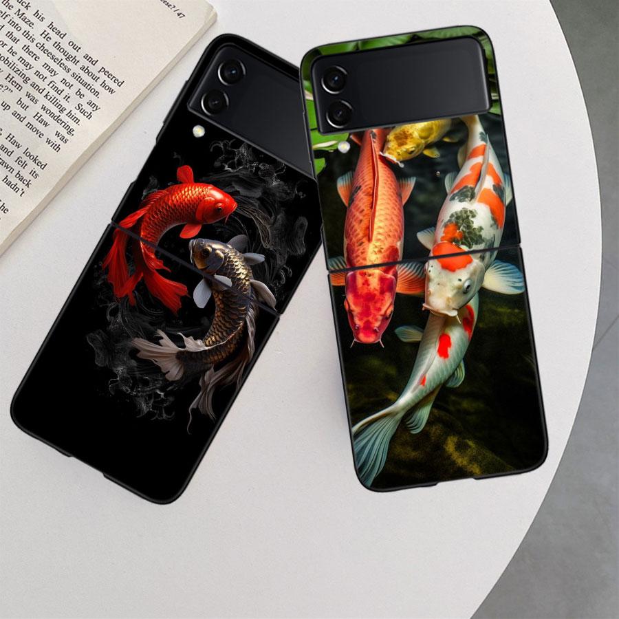 High End Ornamental Fish and Koi Carp Phone Case For Samsung Z Flip 7 6 5G Galaxy Z Flip 5 4 3 Black Hard Cell Cover Luxury PC
