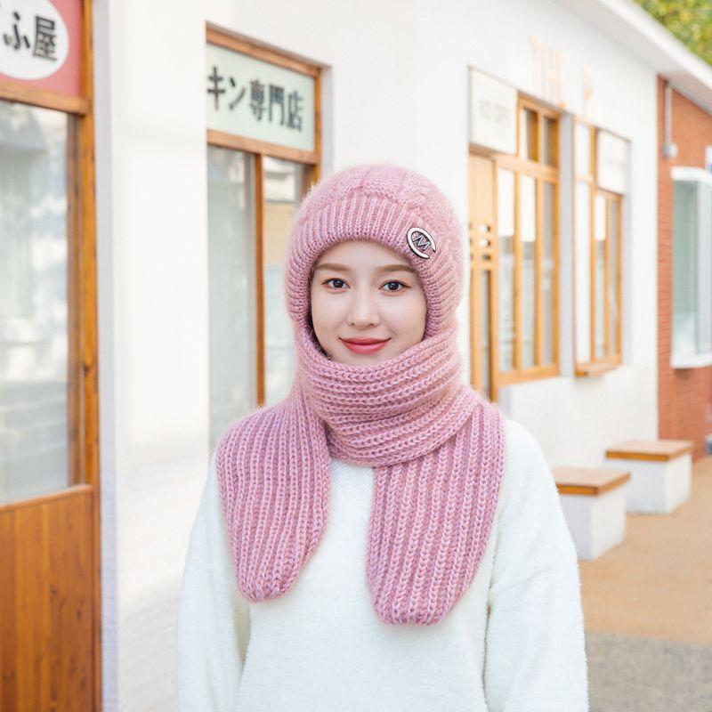 Winter Women's Wool Hat Skiing Hat Scarf Integrated Hand-woven Thickened Without Lining Thermal Ear Protection
