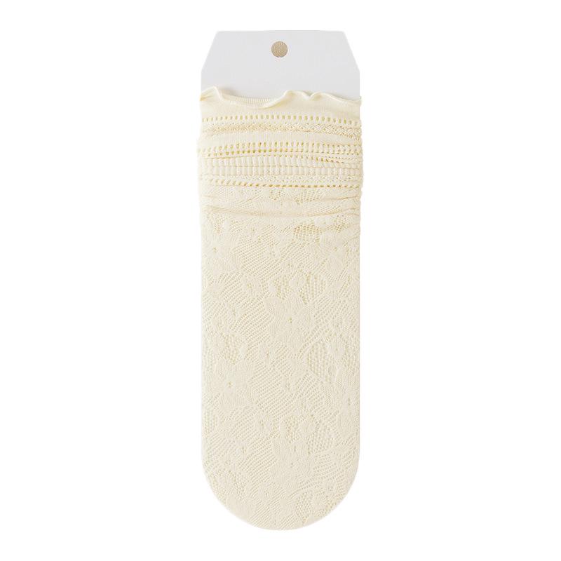 Women's White Scrunch Socks: Summer Thin Style with Lace Trim, Breathable Mesh, Frilly Edge, Mid-Calf Length.