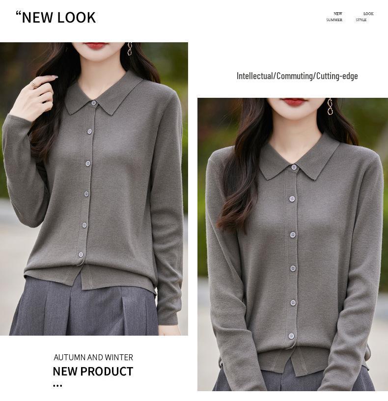 Women's Spring 2025 Lapel Cardigan Sweater - Knitwear Shirt Collar Base Layer or Outerwear Top
