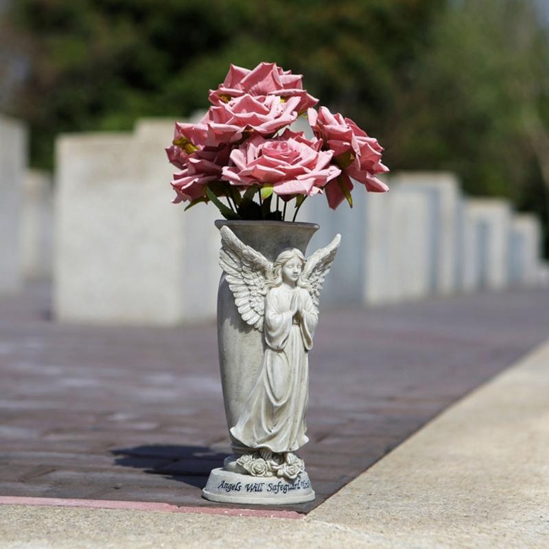 Cemetery Vases Praying Angel Sculpture Ornament Resins Outdoor Decors Flower Holder Pot For Memorial Garden Grave Site