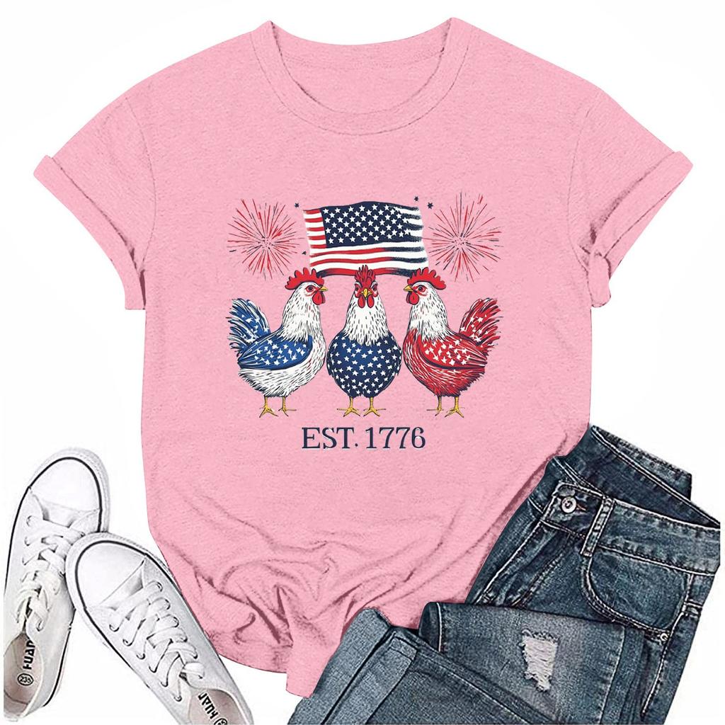 Camiseta feminina casual com estampa do Dia da Independência e gola redonda, manga curta